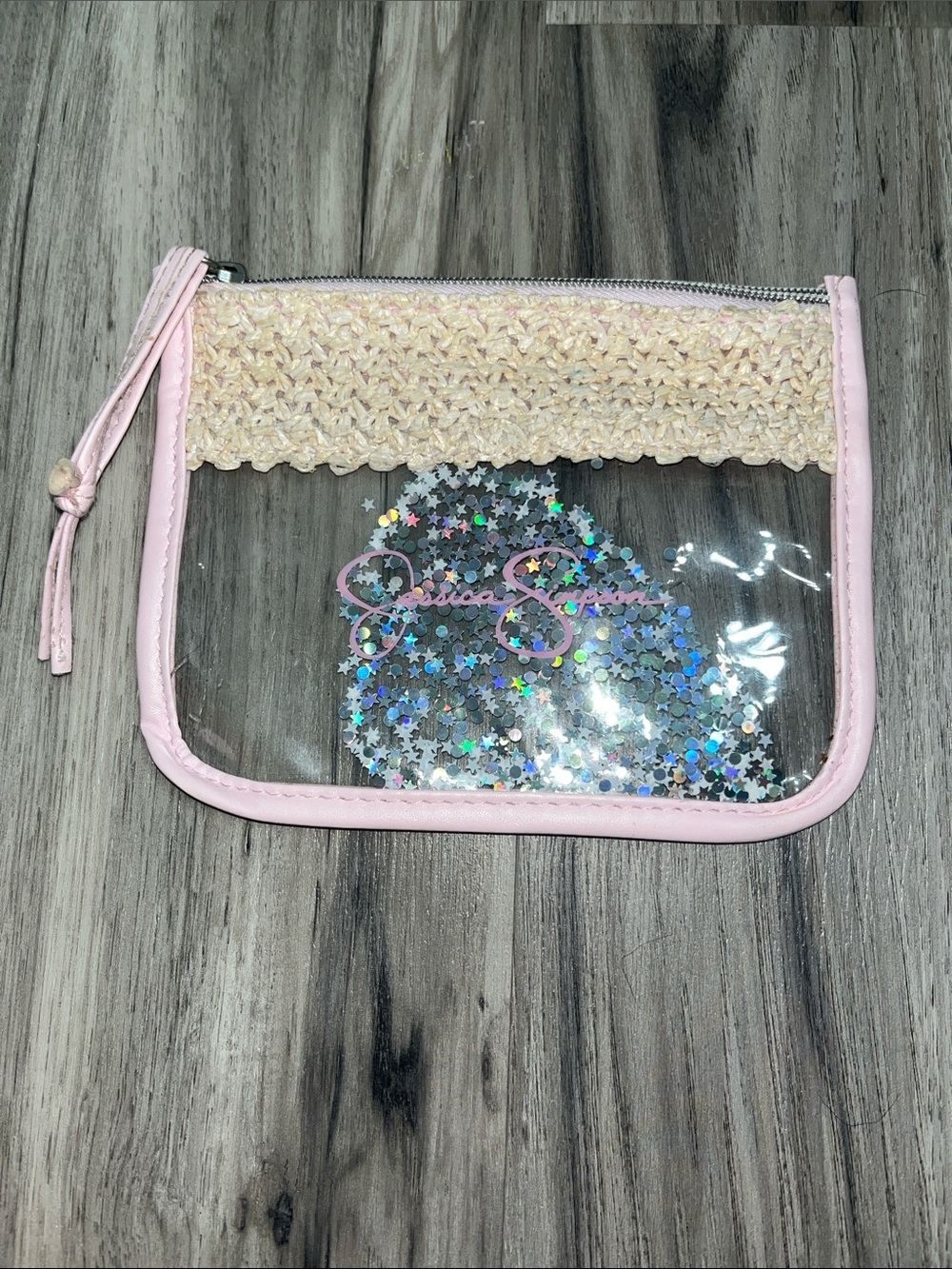 Jessica Simpson Clear Cosmetic Bag with Pink Trim and Beige Crochet